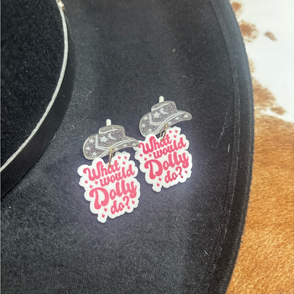 Cowboy Hat Earrings with Red Text